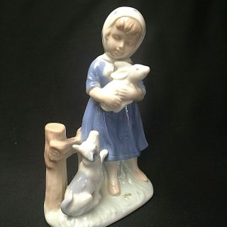 German Dresden Design Porcelain Figurine Girl Holding Rabbit Dog Puppy