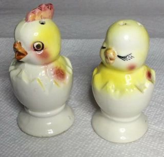 Vintage Boy & Girl Baby Chicks & Eggs Ceramic Salt & Pepper Shakers Japan