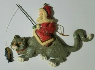 Kurt Adler Ornament Santa With Fishing Pole Riding Cat 6 1/4 " Long Must Have