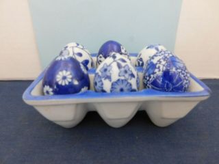 Set Of 6 Vintage Porcelain Eggs Blue White In Egg Crate