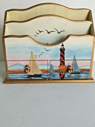Nautical Theme Decorated Wood Table Top Letter Mail Organizer Draws 8.  5x 9 3/4 "