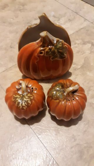 Ceramic Harvest Pumpkin Salt And Pepper Shakers W/ Napkin Holder