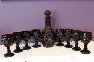 Avon Cranberry Ruby Red Cape Cod Decanter And 8 Small Goblets