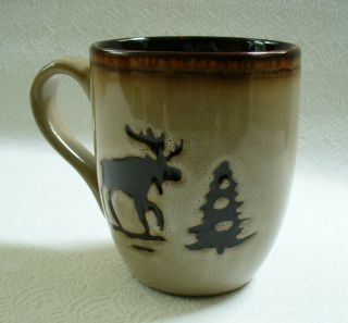 Woodland Moose Pine Tree Home Studio Coffee Mug Rustic Cabin Beige Brown