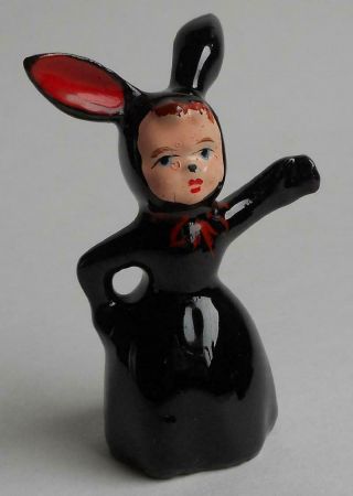 Vintage Japan Baby Girl Figurine Dressed In Black Bunny Suit With Red Ears 3 "