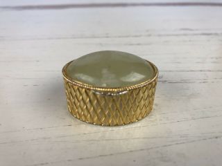 Small Vintage Pill Box Gold Tone Lime Green Plastic Oval Stone