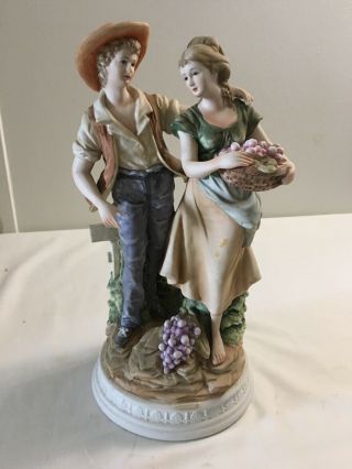 Vintage Andrea By Sadek Large Porcelain Rural Couple Figurine With Grapes 7579