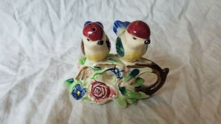 Vintage Ceramic Multi - Colored Birds On Perch Salt And Pepper Shakers
