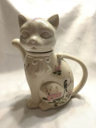 Vintage China Cat Tea Pot,  Cream/white With Japanese Floral Design,  7 " Tall