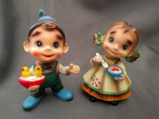2 Josef Originals Big Eye Wee Folks,  Girl Figurine W Bowl Spoon & Boy W Chicks