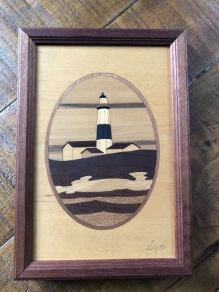 Hudson River Inlay Wood Marquetry Picture,  Montauk N.  Y.  Lighthouse Jeff Nelson