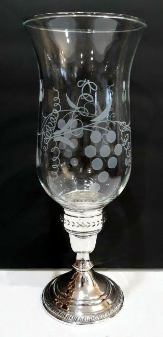 Crown Sterling Silver & Etched Grapes & Vines Glass Shade Hurricane Candle Lamp