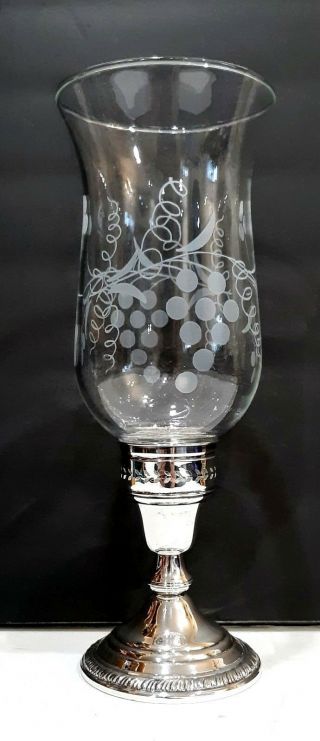 CROWN STERLING SILVER & ETCHED GRAPES & VINES GLASS SHADE HURRICANE CANDLE LAMP 2