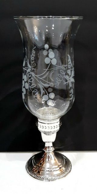 CROWN STERLING SILVER & ETCHED GRAPES & VINES GLASS SHADE HURRICANE CANDLE LAMP 3