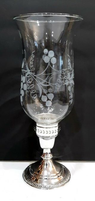 CROWN STERLING SILVER & ETCHED GRAPES & VINES GLASS SHADE HURRICANE CANDLE LAMP 4