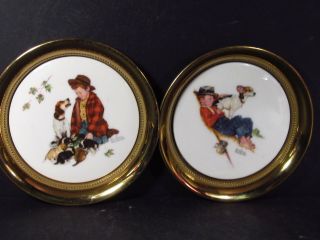 Gorham Norman Rockwell Set Of 2 Brass & Porcelain Coasters Boy & Dog