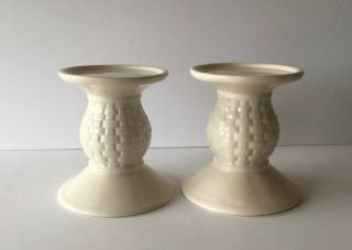 Lovely Longaberger Woven Traditions Ivory Pedestal Pillar Candle Holder Pair