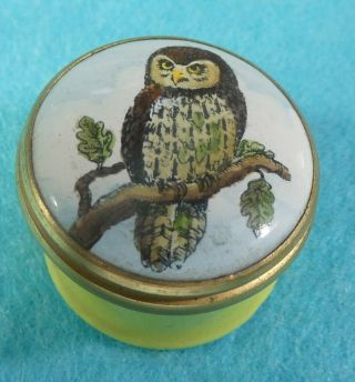 Bilston & Battersea Enamel Lidded Box Hand Painted Owl Halcyon Days Ca 1970
