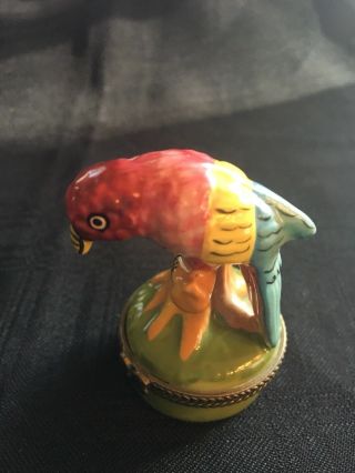 Small Ceramic Hinged Trinket Box Parrot With Tree On Grass