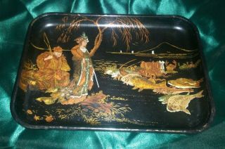 Antique French Papier Mache Chinoiserie Hand Painted Tray 8 " W X 5.  5 " H X 0.  5 " D