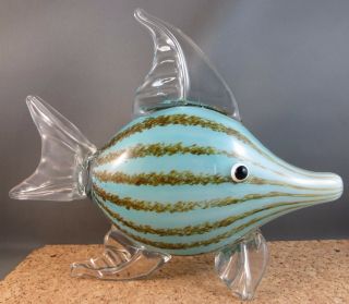 Large Blown Art Glass Tropical Fish Figurine Paperweight Blue Brown Stripe 8 "