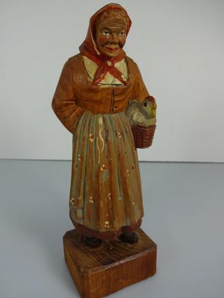 Vintage Anri Hand Carved Peasant Woman With Hen In Basket Wooden Figurine 7.  5 "