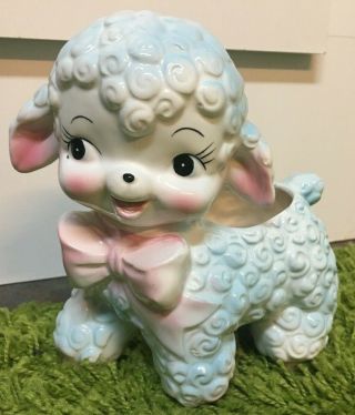 Vintage Lamb Ceramic Planter Light Blue Made In Japan 7 " With Pink Ears And Bow