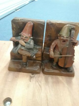 Hand Carved Wooden Gnome Bookends Vintage