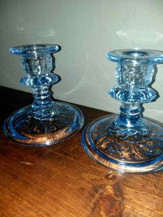 Two Vintage Light Blue Glass Taper Round Candle Holder/sticks