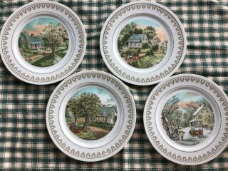 Vintage Currier And Ives The Four Seasons 8 1/4 " Set Of 4 Plates Euc Gold