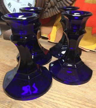 Set Of 4 Vintage Cobalt Blue Glass Candle Holders Sticks - Wow
