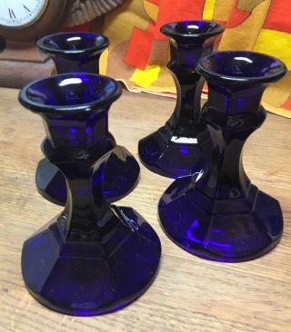 Set of 4 Vintage Cobalt Blue Glass Candle Holders Sticks - WOW 2