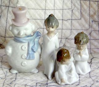 Lladro Porcelain 1604 Set 3 Angel Figurines & Snow Man Christmas Ornaments