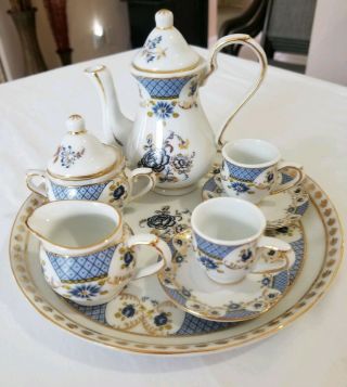 Miniature Porcelain Tea Set Cups Saucers Creamer Sugar 10 Piece W/markings