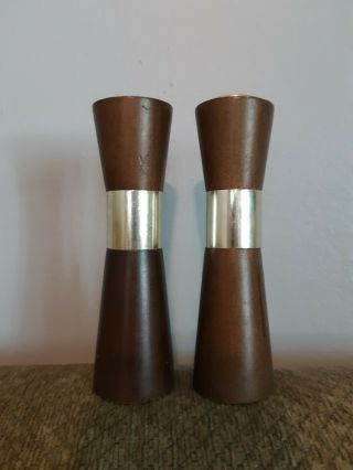 Vintage Mid Century Made In Japan Modern Wood And Brass Salt And Pepper Shakers