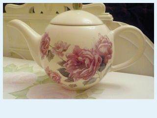 Shabby Chic Decor Ivory With Pink Roses Green Leaf Accents 4 Cup Teapot