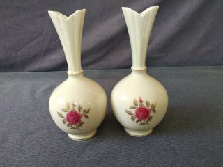 Vintage Lenox Porcelain Pink Rose Bud Vases,  8 " 24k Accents Usa - Set Of 2