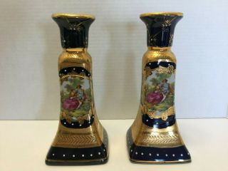 Cobalt Blue Victorian Couple Courting Couple Love Story Candlesticks