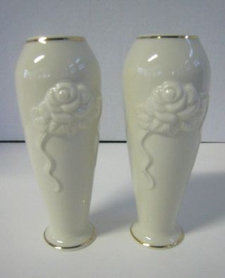 Pair Lenox Bud Vase Cream Embossed Floral Rose Gold Trim 6 " Thailand