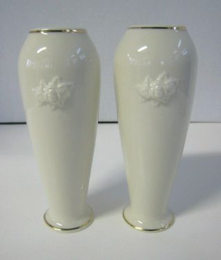 Pair Lenox Bud Vase Cream Embossed Floral Rose Gold Trim 6 