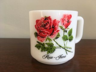 Vintage Brockway Milk Glass Coffee Mug Cup Flower Of Month June Rose