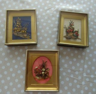 3pc Set Vintage Windy Hill Creations Dry Flower 3d Wall Hanging Decor Frames