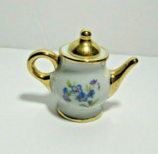 Miniature Tea Pot Limoges France Gold Trim Porcelain Young Couple Flowers
