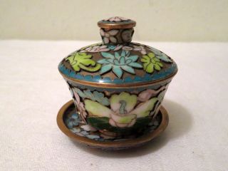 Antique Chinese? Cloisonne Enamel Brass Miniature Lidded Bowl W Dish Floral