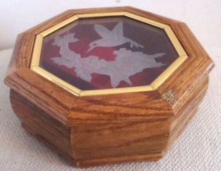 Vtg Inlaid Wood Octagon Music Jewelry Box Etched Glass Bird Tune Sound Of Music