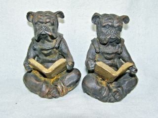 Vintage Cast Iron Dogs In Overalls Reading Book Ends
