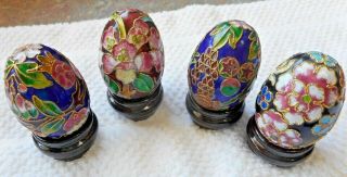 Vtg Cloisonne Eggs With Wood Stands (set Of 4) 2 " Eggs Orchid Floral Design