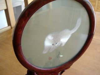 Chinese Silk Work White Kitten Behind Glass Screen In Wooden Fretwork Stand