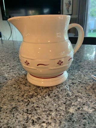 Longaberger Pottery Woven Traditions Large 2 Qt.  (64 Oz. ) Pitcher White & Red