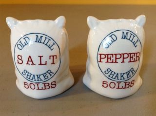 Vintage Salt And Pepper Shaker Set - Old Mill Flour Sack 50lbs Porcelain